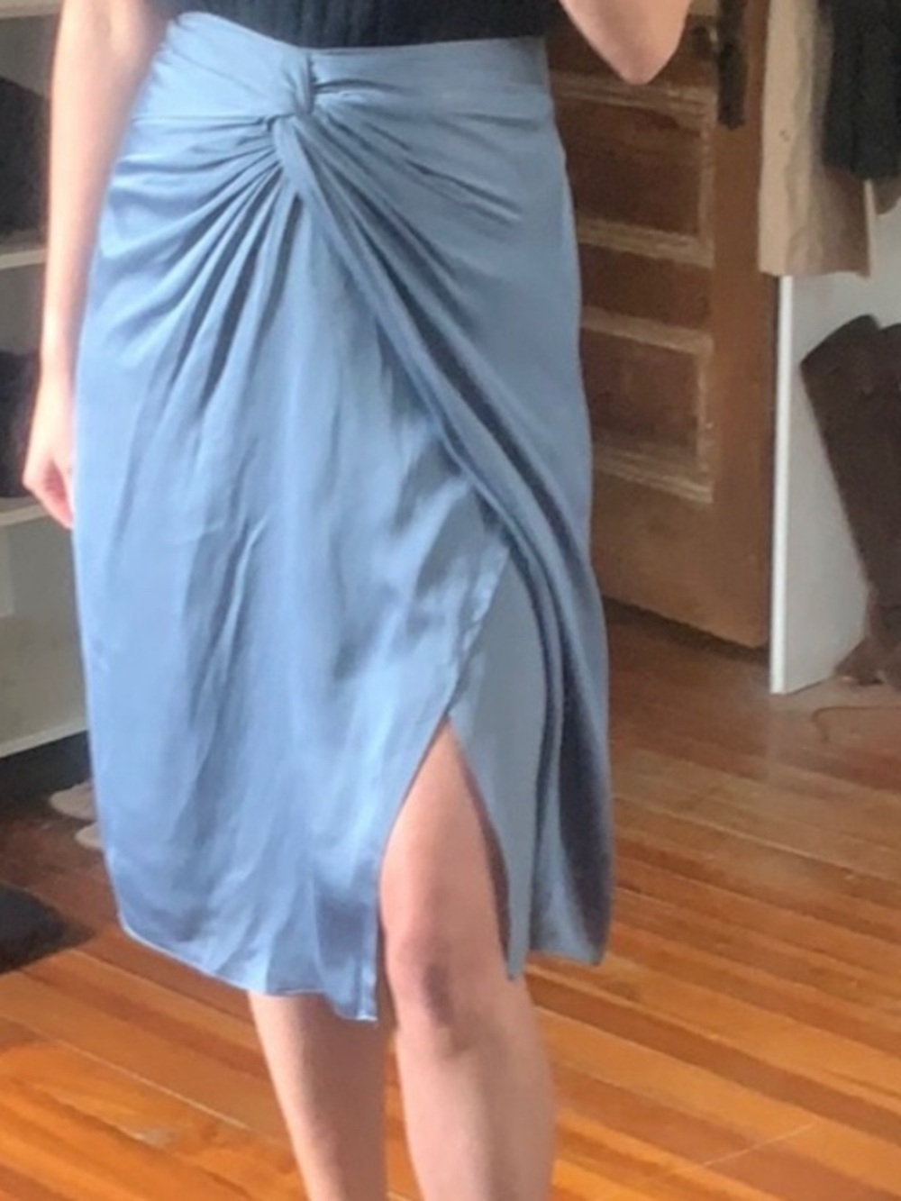 Club Monaco Silk-Feel Dusty Blue Knot-Front Midi Skirt - Picture 7 of 7